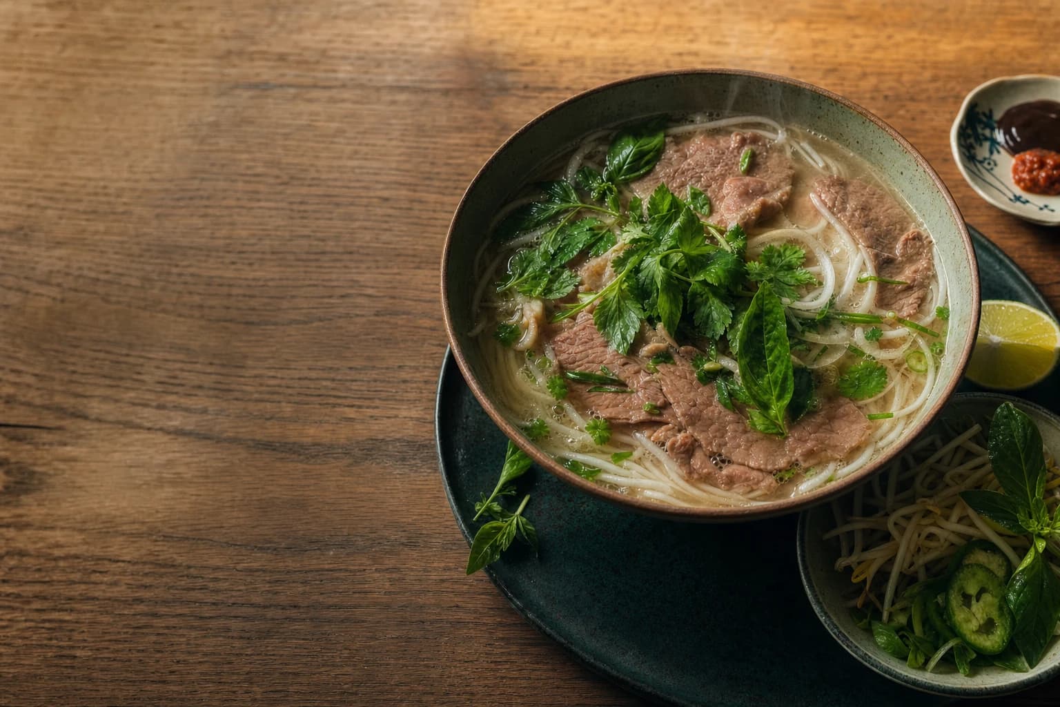 Bát phở bò nóng hổi trên bàn gỗ, cạnh rau thơm và chanh